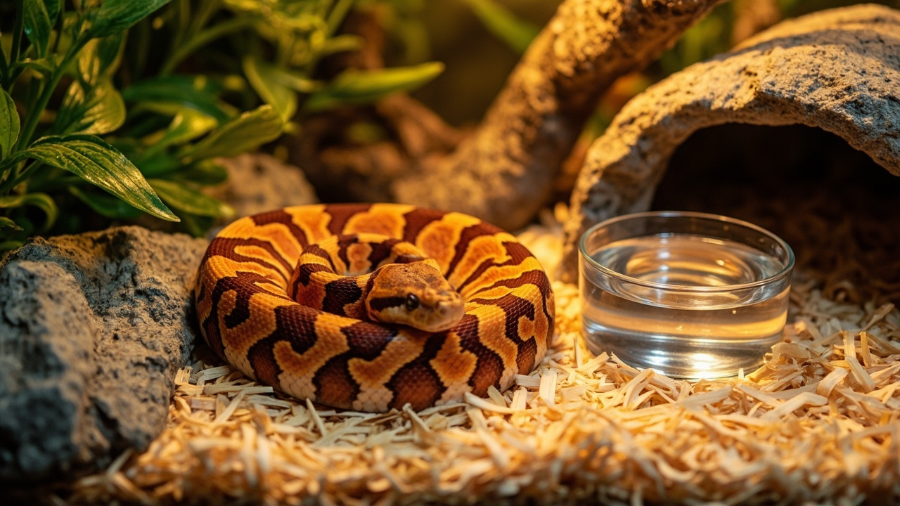 Corn snake in naturalistic terrarium with aspen bedding, hides, and water dish