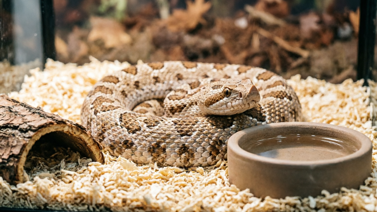 Hognose snake in naturalistic terrarium with deep aspen bedding, hides, and water dish